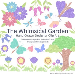 Ensemble de clipart jardin fantaisiste, fleur mignonne et insecte png, clipart papillon, invitation fête d'enfants, arbre png, dessinés à la main, éléments de scrapbooking