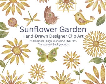 May include: A set of 23 hand-drawn sunflower garden clip art elements. The illustrations feature sunflowers, butterflies, birds, ladybugs, and leaves in shades of yellow, brown, and green. The images have transparent backgrounds.