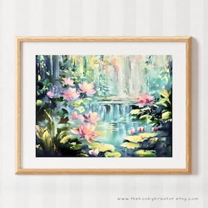 Impression d'étang de nénuphars - paysage de nénuphars - décoration murale inspirée de la nature - peinture acrylique - fleurs roses - art de la forêt - cascade jardin