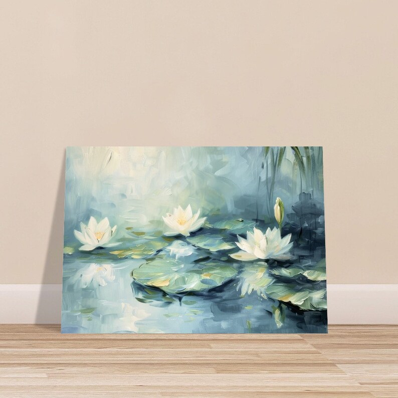 Waterlily Wall Art - Water lily Pond Print - Lily Pad Art - Waterlilies Painting - Serene Painting - Blue Artwork - Premium Matte Paper 70x100 cm / 28x40″