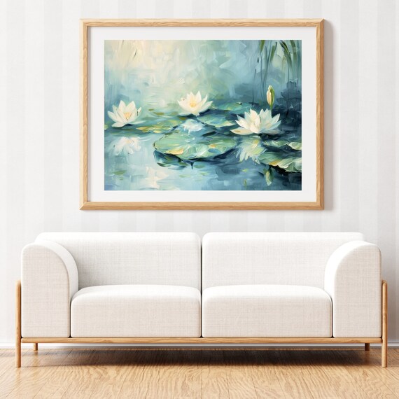 Waterlily Wall Art - Water lily Pond Print - Lily Pad Art - Waterlilies Painting -  Serene Painting - Blue Artwork -   Premium Matte Paper