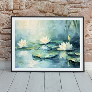 May include: A painting of white water lilies on a pond with green lily pads. The background is a soft blue and green.