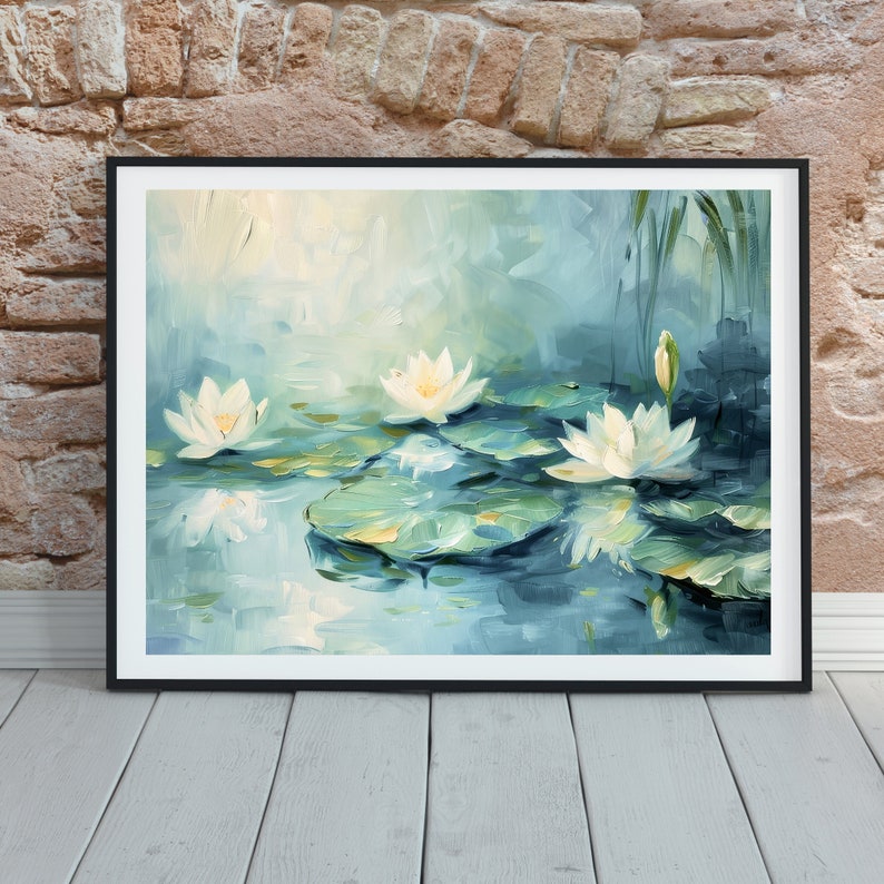 May include: A painting of white water lilies on a pond with green lily pads. The background is a soft blue and green.
