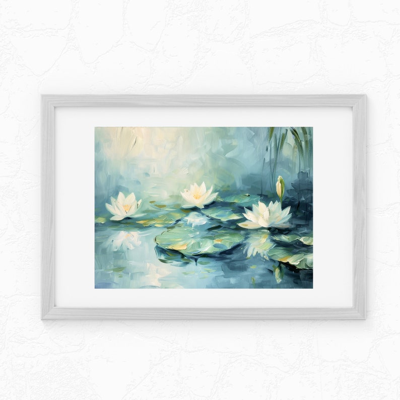 May include: A framed painting of white water lilies with green lily pads in a blue pond. The background is a soft blue and white.