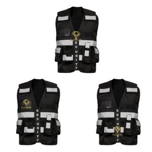 May include: Black security vest with reflective stripes and multiple pockets. The vest features the word "SECURITY" vertically down the front and a gold logo. The vest is designed for visibility and functionality.