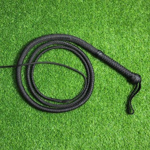 Puede incluir: Un látigo de cuero negro con un mango trenzado y un cordón largo y grueso.