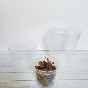 May include: Three clear plastic pots, one filled with brown coconut coir, on a white wood surface.