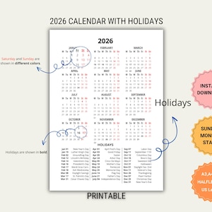 2026 Year Calendar With Holidays-Printable Vertical Calendar Pdf-Sunday and Monday Start-A3,A4,A5,HalfLetter,Letter Size-Desk,Wall Calendar