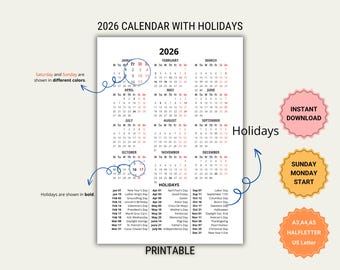 2026 Printable Calendar: Vertical Layout, Sunday/Monday Start (PDF Download A3-A5, Letter, Half Letter Sizes)