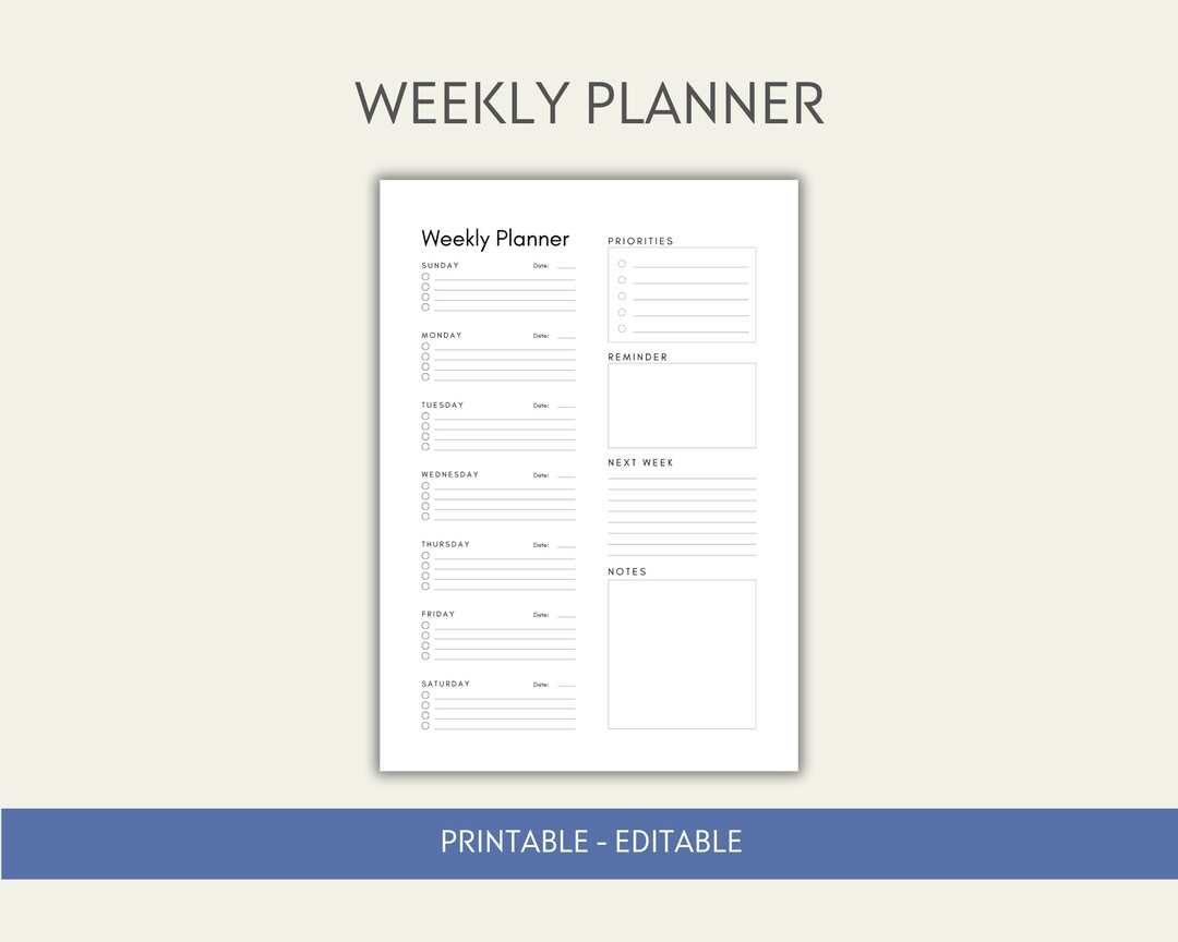 Weekly Planner Printable, Weekly to Do List for Work, Week at a Glance ...