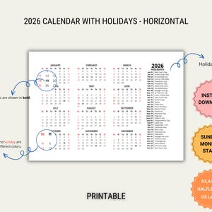 2026 Year Calendar With Holidays-Printable Horizontal Calendar Pdf-Sunday & Monday Start-A3,A4,A5,HalfLetter,Letter Size-Desk,Wall Calendar