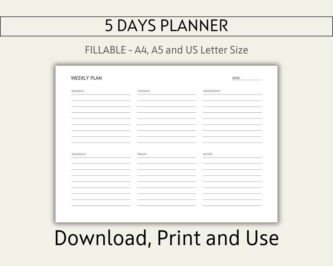 Five Day Weekly Planner Printable Weekly Schedule Week at a - Etsy