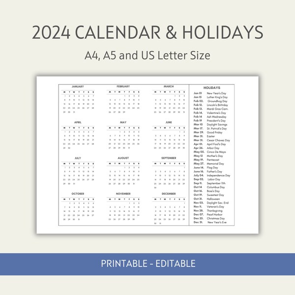 2024 Year Calendars with Holidays on One Page, Printable, Landscape, Wall Calendar, Desk Calendar, Sunday & Monday Start, A4,A5,Letter Size