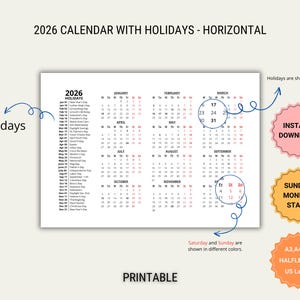 2026 Year Calendar With Holidays-Printable Horizontal Calendar Pdf-Sunday & Monday Start-A3,A4,A5,HalfLetter,Letter Size-Desk,Wall Calendar