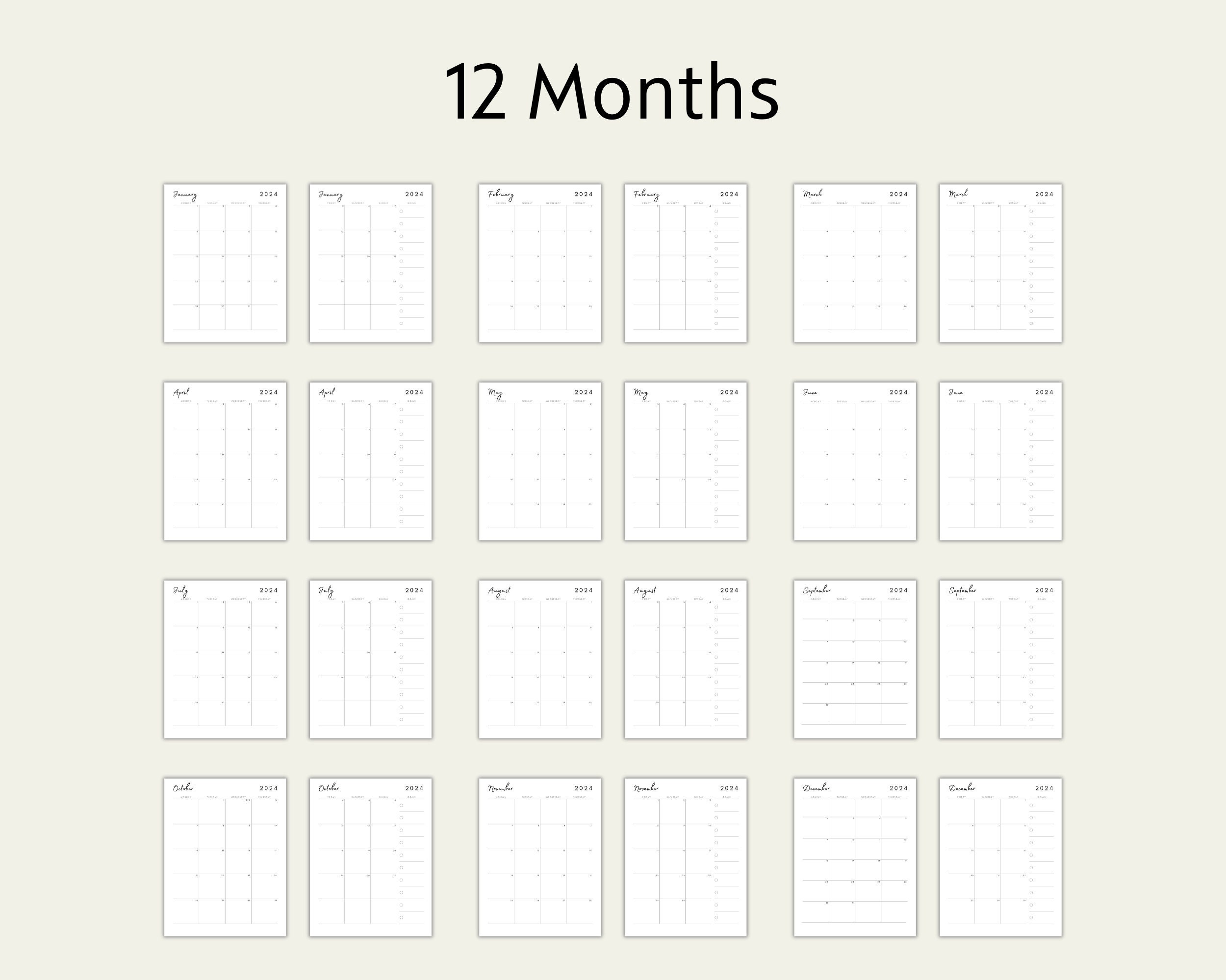 2024 Monthly Planner Printable, Dated Month on 2 Pages, 2024 Calendar