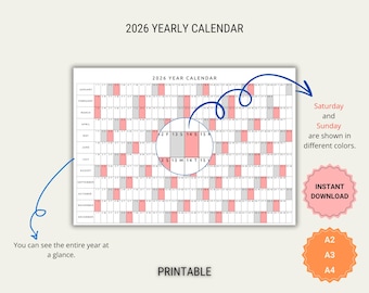 2026 Year Planner Printable: Yearly Calendar Poster (A2-A3-A4 PDF Size)