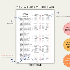 2026 Year Calendar With Holidays PDF Printable, 12 Month Minimalist Design, Desk or Wall Year at a Glance Template, Instant Download