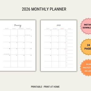 2026 Monthly Planner Printable: Color-Coded Holidays (A4 A5 Letter Half Letter Sizes) (PDF Download)