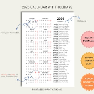 2026 Printable Calendar: Vertical PDF with Holidays, Sunday/Monday Start (Digital Download)
