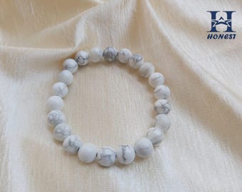 Natural Howlite Stretchy Bracelet | Healing Crystal Jewelry | Peace & Calm Energy Stone | Stress Relief Gift
