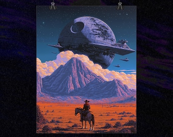 May include: A rectangular art print labeled LIMITED EDITION and 9 x 12 featuring a science fiction landscape. A lone figure on horseback stands in an orange desert beneath a large mountain range, with a massive spherical space station overhead.