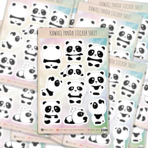 Feuilles d'autocollants panda kawaii | Feuilles d'autocollants en vinyle brillant | Joli panda pour journaux, autocollants pour agenda, agenda à gribouiller