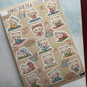 Feuilles d'autocollants kawaii avec yoga et yoga|Feuilles d'autocollants en vinyle brillant|Mignon ours pour journaux, autocollants pour agenda, agenda à gribouiller|Ours d'exercice pour la salle de sport