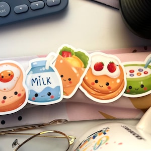Autocollants en vinyle laminé mat Kawaii Breakfast Food | Cadeau pour les meilleurs amis gourmands, soeur et ami de la famille | Décoration de journal