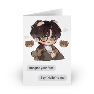 May include: A cartoon illustration of a person with brown hair wearing glasses and a brown and beige sweater. The person is sitting with their legs crossed and holding a small brown teddy bear. The image has text bubbles that say "Imagine your face" and "Say "Hello" to me".