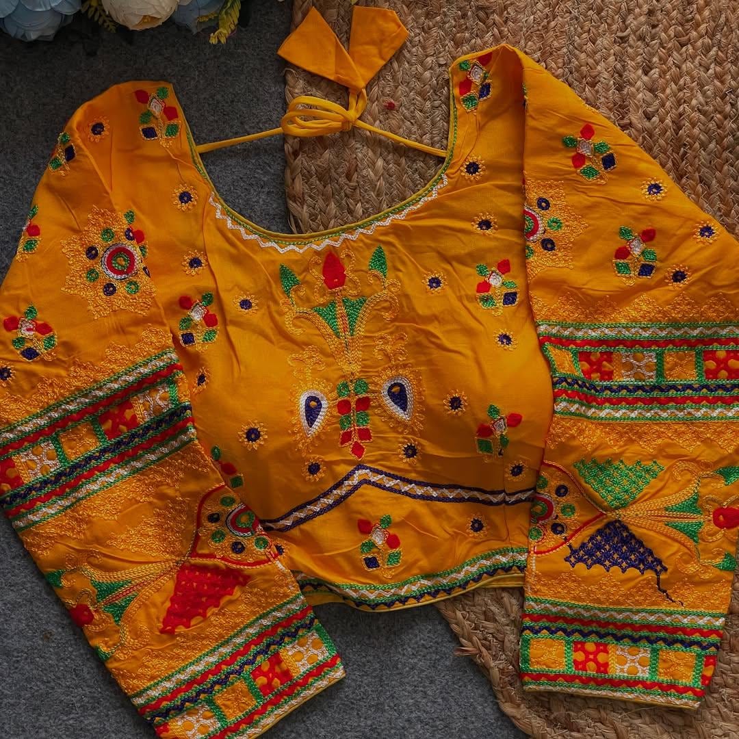 Navratri Special Women's Halter Neck Blouse Heavy Embroidery & Mirror Work | Magic Cotton | Back Open | Long Sleeves