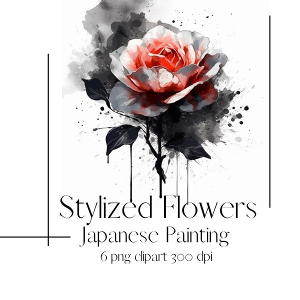 Fleur Clipart Png aquarelle fleurs aquarelle impression Png Illustration japonaise fleurs stylisées Digital Clipart WallArt Png Bundle