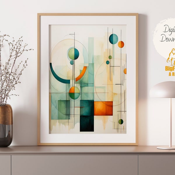 Mid Century Art Print,  Boho Wall Art, Neutral Modern Art, Geometric Abstract Circles Art, Green Art, Blue Art, Beige, Digital Download