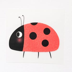 Op de afbeelding: Een rode lieveheersbeestje met zwarte stippen en een zwart hoofd met een wit oog. Het lieveheersbeestje heeft zes poten en twee antennes.