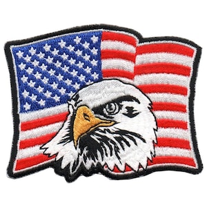 May include: An embroidered patch featuring a bald eagle with a yellow beak and white feathers, looking to the right, with a red, white and blue American flag behind it.