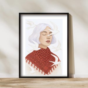 Palestinian Solidarity Art Print, Woman in Keffiyeh, Soft Watercolor Style, Digital Download, Freedom Resistance, Wall Art A2 - 59.4 x 42 cm