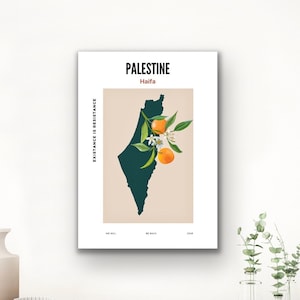 Puede incluir: Un póster minimalista con un contorno verde de Palestina, que presenta un naranjo con flores y frutos. El texto "PALESTINE" y "Haifa" están impresos en negro, y la frase "RESISTANCE IS RESISTANCE" está impresa verticalmente en el lado izquierdo del póster.