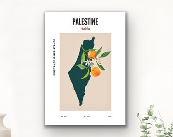 Palestine Map Digital Poster, Palestine Collection, Orange Yellow, Gallery Wall Art, White Background A2 59.4 x 42 cm