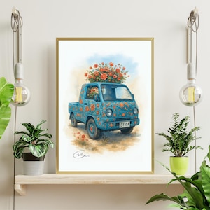 Syrian Honda Acty Truck Digital Art – Colorful Floral Middle Eastern Pickup Truck Printable Wall Art | Syrian Heritage Car Pop A2 59.4X42 cm
