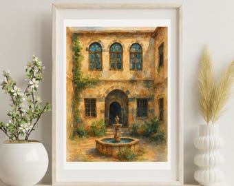 Damascene house print, Digital Syrian art, Oriental wall decor, Middle Eastern architecture, Arabic art print Beige A2 - 59.4 x 42 cm