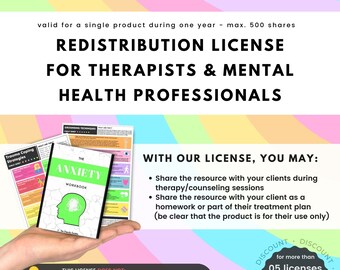 May include: A hand holds two workbooks, one titled "The Anxiety Workbook" and the other titled "Trauma Coping Strategies." The text "WITH OUR LICENSE, YOU MAY:" is listed with bullet points describing the uses of the license. The text "THIS LICENSE DOES NOT:" is listed with bullet points describing what the license does not allow. The text "DISCOUNT for more than 05 licenses contact us to get a especial priced package!" is in a circle with arrows pointing to it.