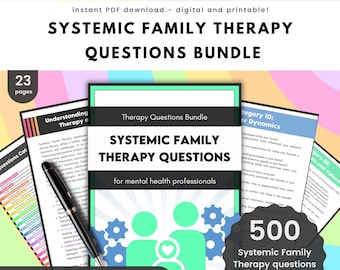 May include: A digital download of 500 systemic family therapy questions divided into 20 categories. The questions are for mental health professionals and are designed to help them understand family dynamics. The cover features a green and blue illustration of two people with a heart in the middle.