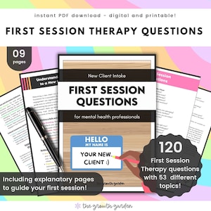 Peut inclure: Un guide PDF imprimable pour les professionnels de la santé mentale avec 120 questions de thérapie pour la première séance couvrant 53 sujets différents. La couverture présente une main tenant une étiquette de nom qui dit "Bonjour, mon nom est Votre nouveau client".