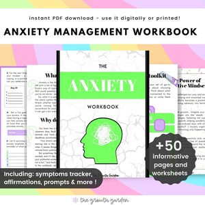 May include: A green and white workbook titled "The Anxiety Workbook" with a green brain illustration. The cover also includes the text "+50 informative pages and worksheets".