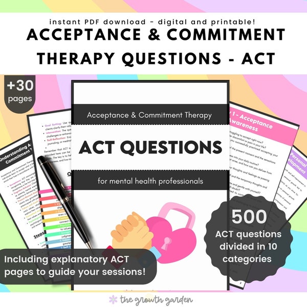 Questions sur la thérapie d'acceptation et d'engagement - Questions sur la thérapie ACT - Interventions thérapeutiques - Pack de questions sur la thérapie