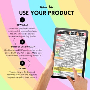 May include: A pink, yellow, and orange background with a white text overlay that reads "how to USE YOUR PRODUCT".  The image shows three steps for using a digital product: download, print or use digitally, and enjoy.  A hand holds a tablet displaying a cheat sheet for EMDR therapy.