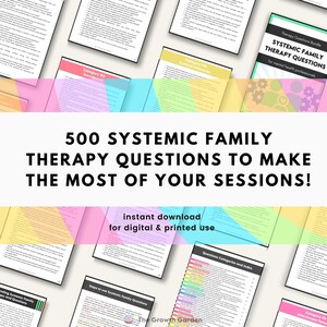 May include: A digital download of 500 systemic family therapy questions to help make the most of your sessions. The download is available in a colourful, illustrated PDF format. The text on the page reads "Therapy Questions Bundle: Systemic Family Therapy Questions for mental health professionals".