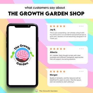 May include: A smartphone displays the logo for The Growth Garden Shop, featuring a brain graphic. Customer testimonials with star ratings are shown, along with the shop's name and the phrase "what customers say about". The background has a pastel rainbow gradient.