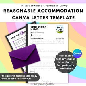 Puede incluir: Un sobre morado con un icono de corazón blanco y el texto "How to Edit Your" y "Double Click Any" sobre un fondo rosa y amarillo. Una carta blanca con el texto "Your Clinic Name" y "Dear (Recipient's Name)" sobre un fondo blanco. El texto "Reasonable Accommodation Letter Canva Template with Instructions" está en un círculo blanco con un borde azul sobre un fondo rosa y amarillo.