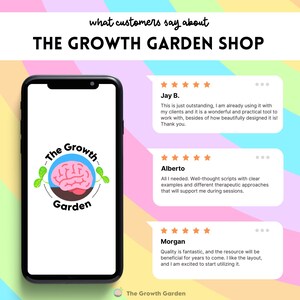 May include: A screenshot of a website featuring the text "The Growth Garden Shop" and customer testimonials. The testimonials are from Jay B., Alberto, and Morgan. Each testimonial includes a five-star rating and a brief description of their experience with the product.