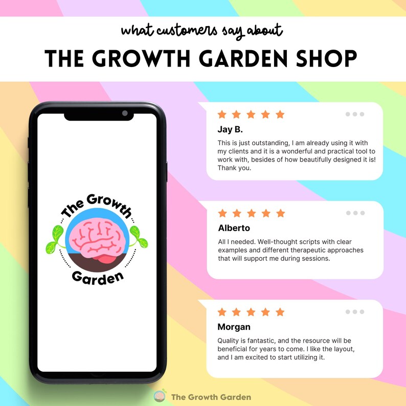 May include: A screenshot of a website featuring the text "The Growth Garden Shop" and customer testimonials. The testimonials are from Jay B., Alberto, and Morgan. Each testimonial includes a five-star rating and a brief description of their experience with the product.